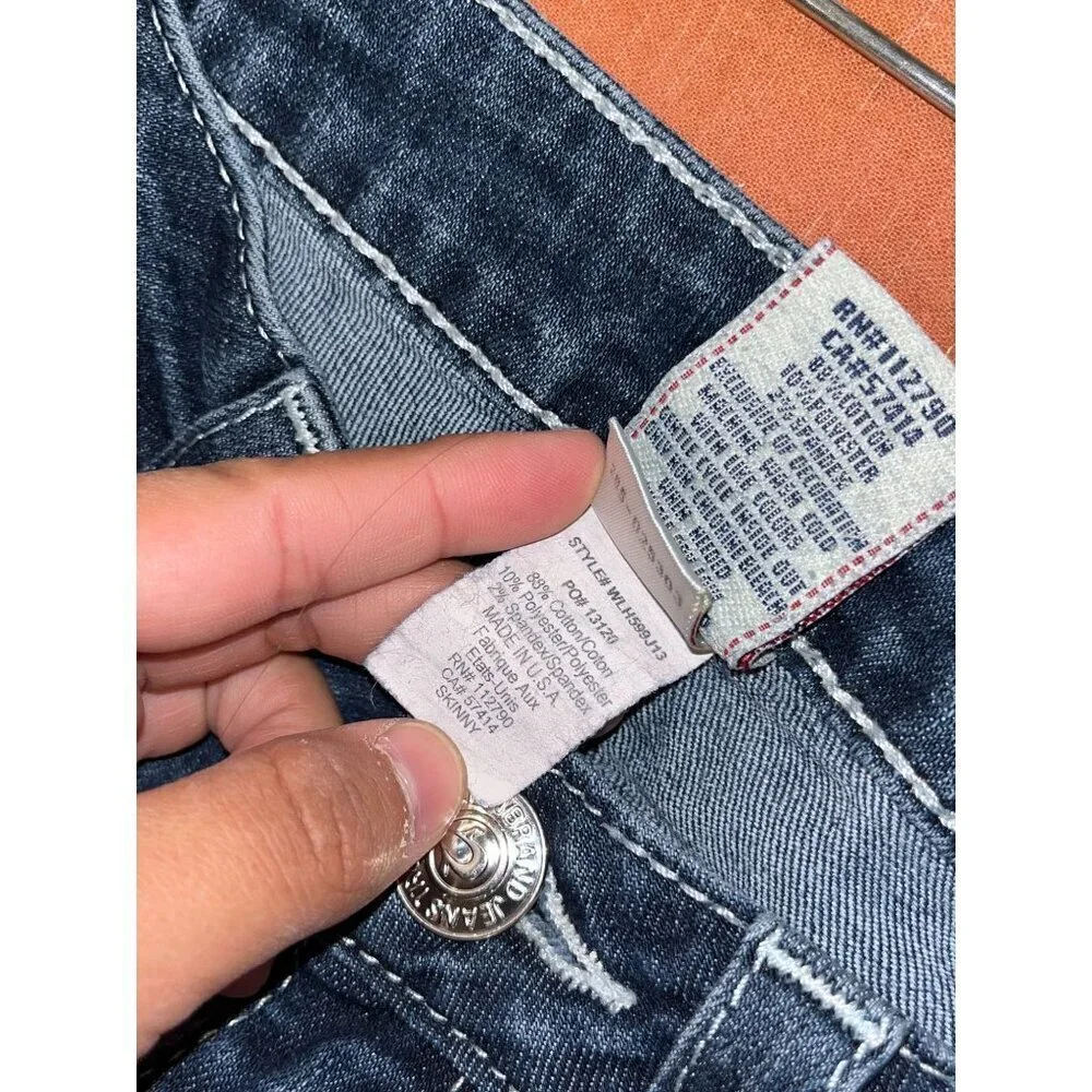 True Religion Blue Denim Embroidered Pockets Skinny Fit Jeans Women's Size 27
